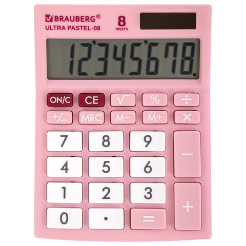 Калькулятор настольный BRAUBERG ULTRA PASTEL-08-PK, КОМПАКТНЫЙ (154x115 мм), 8 разрядов, двойное питание, РОЗОВЫЙ, 250514 250514 - фото 274085
