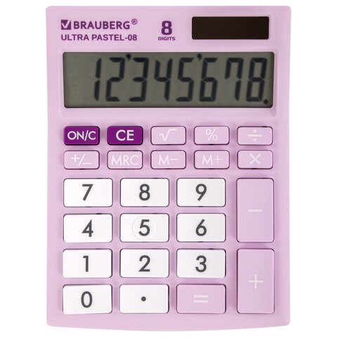 Калькулятор настольный BRAUBERG ULTRA PASTEL-08-PR, КОМПАКТНЫЙ (154x115 мм), 8 разрядов, двойное питание, СИРЕНЕВЫЙ, 250516 250516 - фото 274087