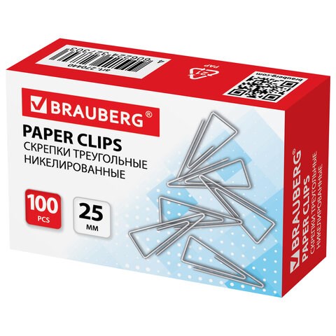 Скрепки BRAUBERG, 25 мм, никелированные, треугольные, 100 шт., в картонной коробке, 270440 270440 - фото 274175