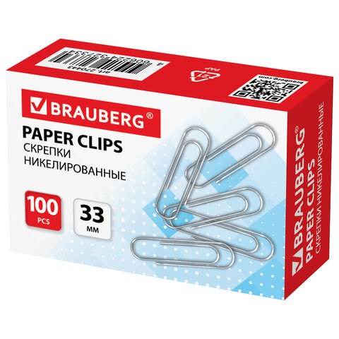 Скрепки BRAUBERG, 33 мм, никелированные, 100 шт., в картонной коробке, 270443 270443 - фото 274177