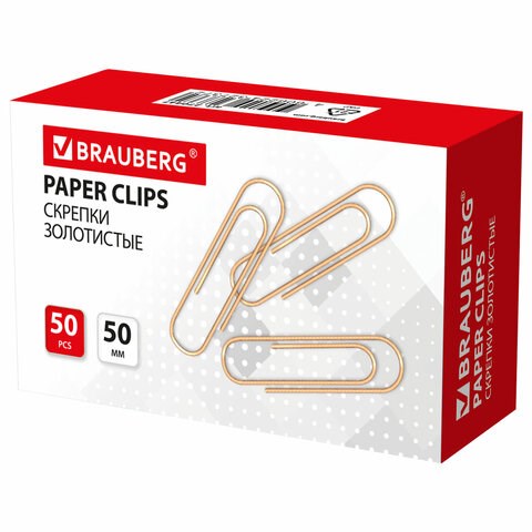 Скрепки большие 50 мм, BRAUBERG, золотистые, 50 шт., в картонной коробке, 270447 270447 - фото 274181