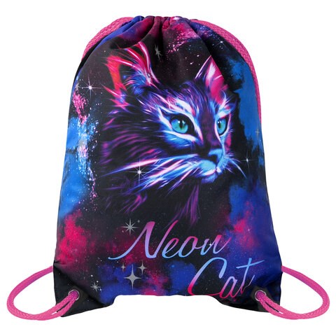 Мешок для обуви BRAUBERG PREMIUM, карман, подкладка, светоотражайка, 43х33 см, "Neon cat", 271621 271621 - фото 274492