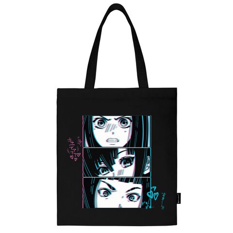 Сумка шоппер BRAUBERG PREMIUM, канвас, 40х35 см, на кнопке, карман, черный, "Anime face", 271903 271903 - фото 274581