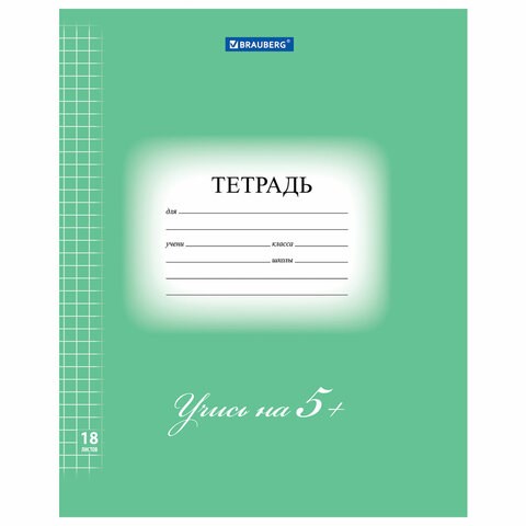 Тетрадь 18 л. BRAUBERG ЭКО 5-КА, клетка, обложка плотная мелованная бумага, ЗЕЛЕНАЯ, 402987 402987 - фото 278261