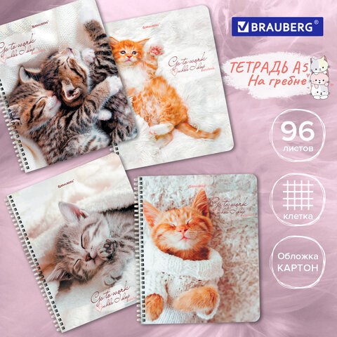 Тетрадь А5, 96 л., BRAUBERG, гребень, клетка, обложка картон, Котики (микс в спайке), 404425 404425 - фото 278440