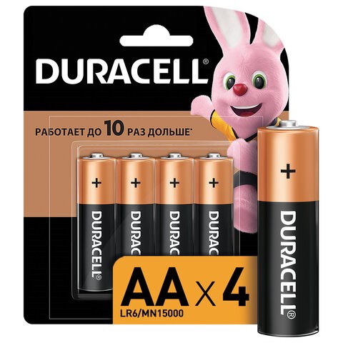 Батарейки КОМПЛЕКТ 4 шт., DURACELL Basic ОРИГИНАЛ, AA (LR6, 15А), алкалиновые, пальчиковые 450402 - фото 278759