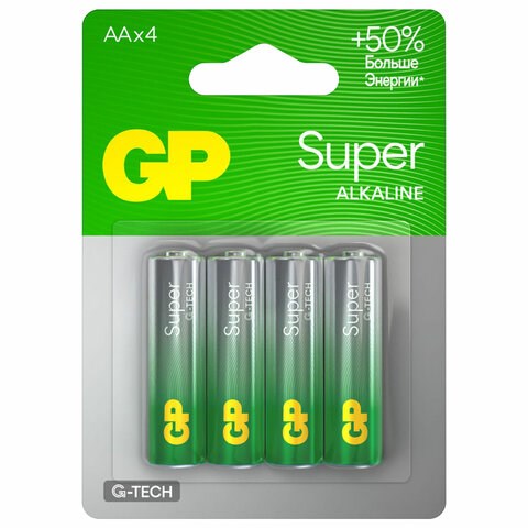 Батарейки КОМПЛЕКТ 4 шт., GP Super, AA (LR6, 15А), алкалиновые, пальчиковые, блистер 450434 - фото 278765