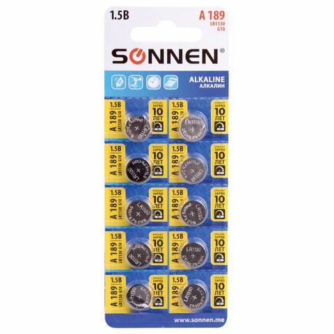 Батарейка алкалиновая таблетка 1 шт., SONNEN Alkaline, 189A (G10, LR54), блистер, отрывной блок, 455602 455602 - фото 279005
