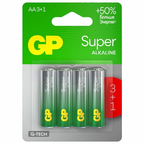 Батарейки КОМПЛЕКТ 4 шт., GP Super, AA (LR6,15А), алкалиновые, пальчиковые, ПРОМО 3+1, 15A3/1-2CR4 455920 - фото 279053