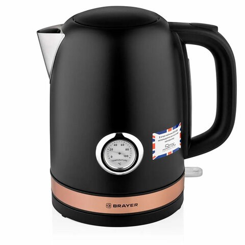 Чайник с термометром BRAYER BR1005BK, 1,7 л, 2200 Вт, закрытый нагревательный элемент, сталь, черный 456044 - фото 279105