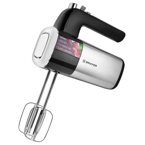 Миксер BRAYER BR1302, 800 Вт, 5 скоростей, 2 венчика, 2 крюка для теста, черный/серебро 456089 - фото 279124