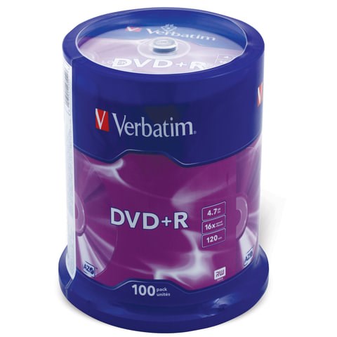 Диски DVD+R (плюс) VERBATIM 4,7 Gb 16x Cake Box (упаковка на шпиле), КОМПЛЕКТ 100 шт., 43551 510259 - фото 279715