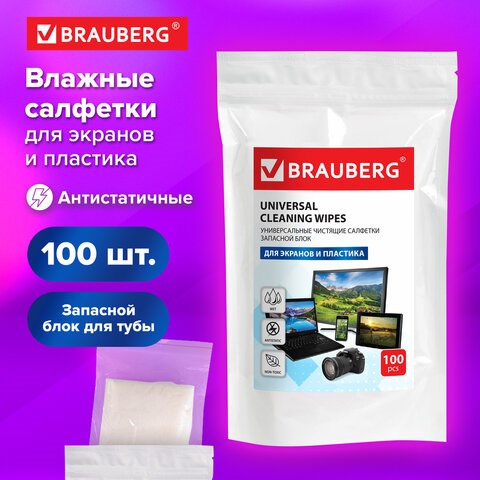 Салфетки для экранов всех типов и пластика (запасной блок) BRAUBERG, пакет 100 шт., влажные, 511685 511685 - фото 279760