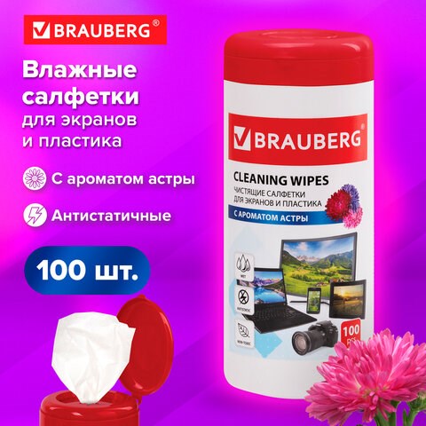 Салфетки для экранов всех типов и пластика BRAUBERG с ароматом АСТРА, в тубе 100 шт., влажные, 511689 511689 - фото 279762