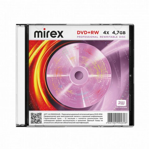 Диск DVD+RW (плюс) MIREX, 4,7 Гб, 4x, Slim Case, 1 штука, UL130022A4S 514006 - фото 280094