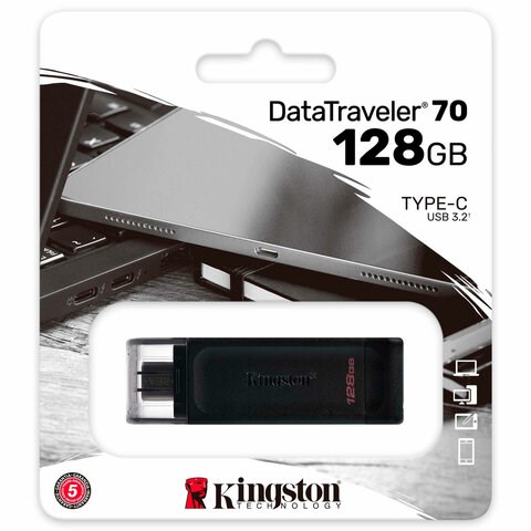 Флеш-диск 128 GB KINGSTON DataTraveler 70, разъем Type-C 3.2, черный, DT70/128GB 514065 - фото 280115
