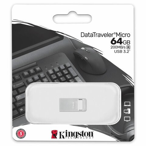 Флеш-диск 64 GB, KINGSTON DataTraveler Micro USB 3.2, металлический корпус, серебристый, DTMC3G2/64GB 514074 - фото 280122