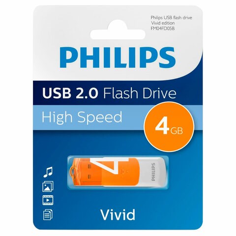 Флеш-диск 4 GB PHILIPS VIVID, разъем USB 2.0, оранжевый, FM04FD05B/97 514087 - фото 280133