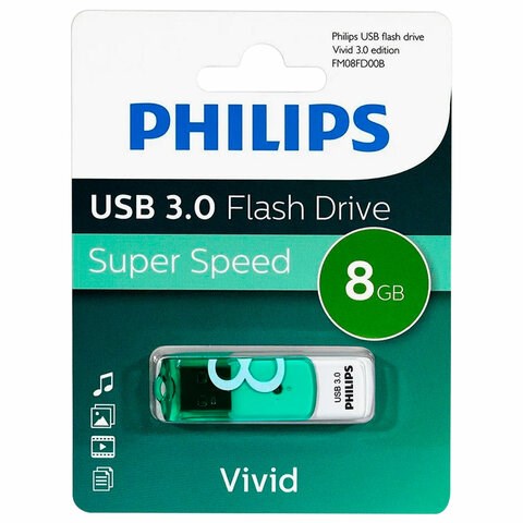 Флеш-диск 8 GB PHILIPS VIVID, разъем USB 3.0, зеленый, FM08FD00B/97 514093 - фото 280139
