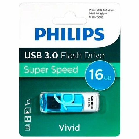 Флеш-диск 16 GB PHILIPS VIVID, разъем USB 3.0, синий, FM16FD00B/97 514094 - фото 280140