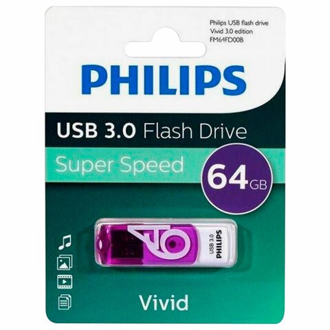 Флеш-диск 64 GB PHILIPS VIVID, разъем USB 3.0, фиолетовый, FM64FD00B/97 514096 - фото 280142