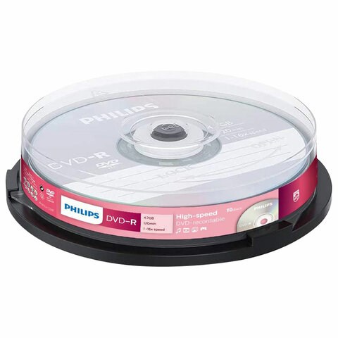 Диски DVD-R PHILIPS, 4,7 Гб 16x Cake Box (упаковка на шпиле), КОМПЛЕКТ 10 шт, DM4S6B10F/97 514196 - фото 280175