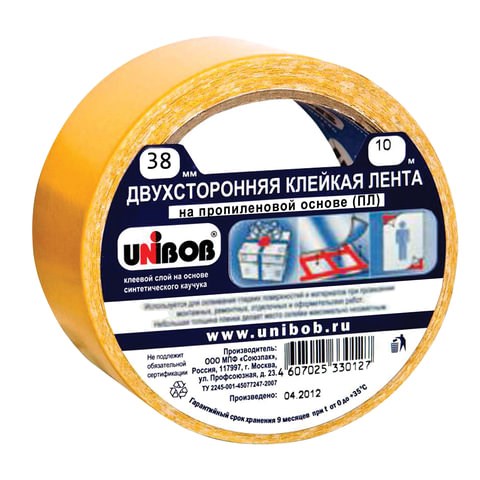 Клейкая двухсторонняя лента 38 мм х 10 м, ПОЛИПРОПИЛЕНОВАЯ ОСНОВА, UNIBOB 600017 - фото 281218
