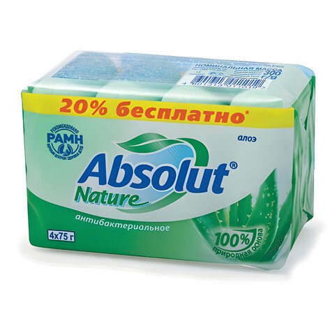 Мыло туалетное антибактериальное 300 г ABSOLUT (Абсолют) КОМПЛЕКТ 4 шт. х 75 г "Алоэ",без триклозана, 6065 600762 - фото 281343