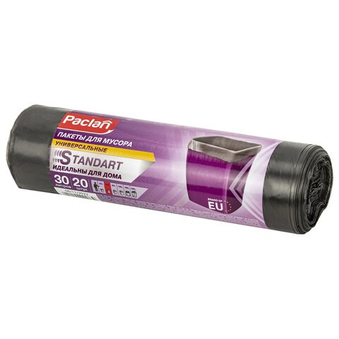 Мешки для мусора 30 л, черные, в рулоне 20 шт., ПНД, 7,3 мкм, 50х60 см, PACLAN "Standard" 600818 - фото 281366