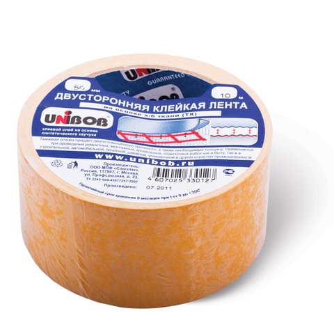 Клейкая двухсторонняя лента 50 мм х 10 м, ТКАНЕВАЯ ОСНОВА, UNIBOB 600854 - фото 281380