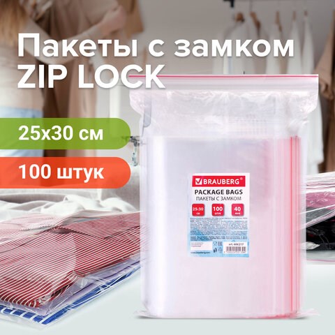 Пакеты с замком ZIP LOCK "зиплок", комплект 100 шт., 250х300 мм, ПВД, толщина 40 микрон, BRAUBERG, 606217 606217 - фото 282519