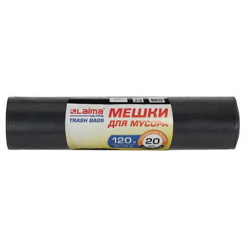 Мешки для мусора LAIMA ULTRA 120 л, черные, рулон 20 шт., сверхпрочные, ПСД 60 мкм, 70х110 см, 607697 607697 - фото 282878