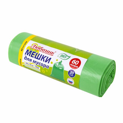 Мешки для мусора биоразлагаемые 60 л, зеленые, рулон 20 шт., ПНД 15 мкм, 60х70 см, ЛЮБАША, 608099 608099 - фото 283026