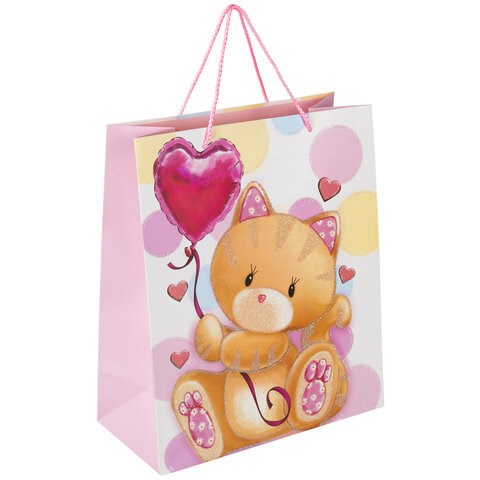 Пакет подарочный (1 штука) 26x13x32 см, ЗОЛОТАЯ СКАЗКА "Lovely Kitty", глиттер, белый/розовый, 608242 608242 - фото 283121
