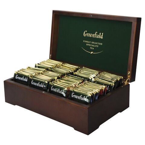 Чай GREENFIELD ассорти 8 вкусов в деревянной шкатулке, НАБОР 96 пакетиков, 0463-10 620745 - фото 284208