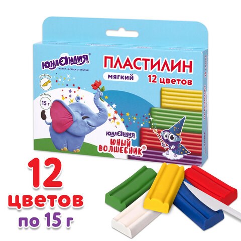 Пластилин мягкий ЮНЛАНДИЯ "ЮНЫЙ ВОЛШЕБНИК", 12 цветов 180 г, СО СТЕКОМ, ВЫСШЕЕ КАЧЕСТВО, европодвес, 106439 106439 - фото 286393