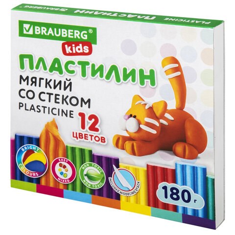 Пластилин мягкий восковой BRAUBERG KIDS, 12 цветов, 180 г, со стеком, 106495 106495 - фото 286424