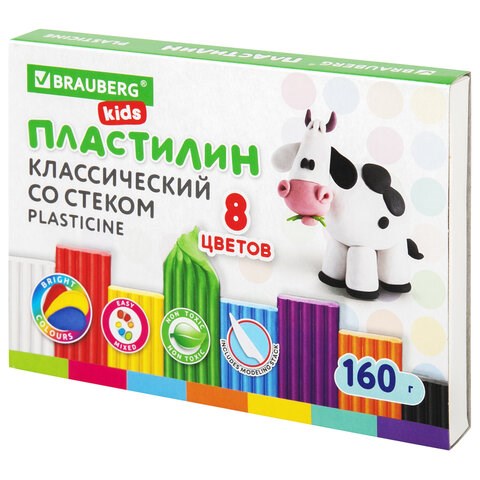 Пластилин классический BRAUBERG KIDS, 8 цветов, 160 г, со стеком, 106501 106501 - фото 286427