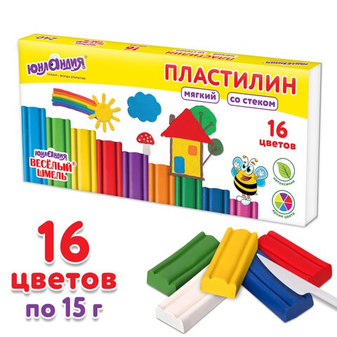 Пластилин мягкий ЮНЛАНДИЯ ВЕСЕЛЫЙ ШМЕЛЬ, 16 цветов, 240 г, СО СТЕКОМ, 106673 106673 - фото 286450