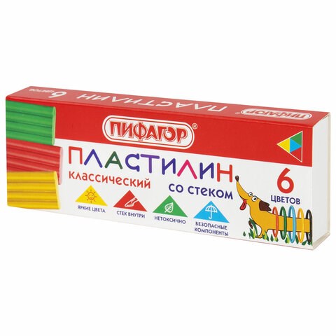 Пластилин классический ПИФАГОР Веселая такса, 6 цветов, 90 г, СО СТЕКОМ, 106674 106674 - фото 286451