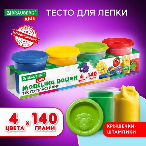 Пластилин-тесто для лепки BRAUBERG KIDS, 4 цвета, 560 г, яркие классические цвета, крышки-штампики, 106715 106715 - фото 286469