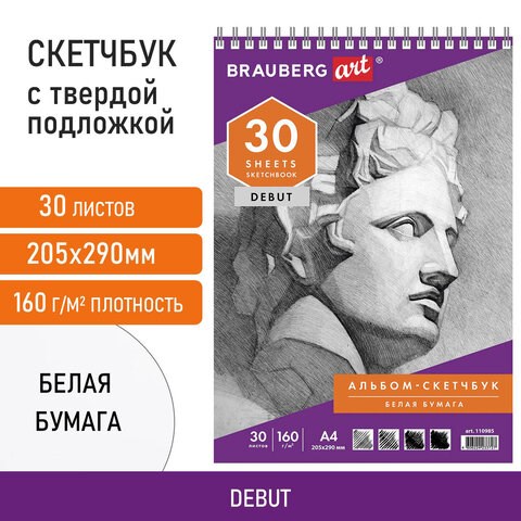 Скетчбук, белая бумага 160 г/м2, 205х290 мм, 30 л., гребень, жёсткая подложка, BRAUBERG ART DEBUT, 110985 110985 - фото 286583