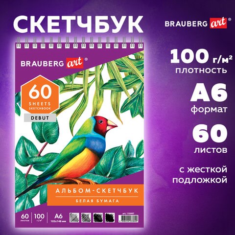 Скетчбук, белая бумага 100 г/м2, 105х148 мм, 60 л., гребень, жёсткая подложка, BRAUBERG ART DEBUT, 110997 110997 - фото 286585