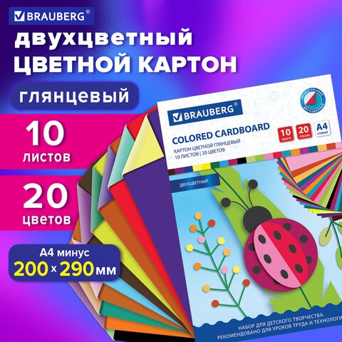 Картон цветной А4 2-цветный МЕЛОВАННЫЙ EXTRA, 10 листов, 20 цветов, в папке, BRAUBERG, 200х290 мм, 1 113553 - фото 287064
