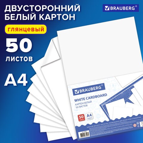Картон белый А4 МЕЛОВАННЫЙ (белый оборот), 50 листов, BRAUBERG, 210х297 мм, 113563 113563 - фото 287071