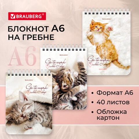 Блокнот МАЛЫЙ ФОРМАТ А6 108х145 мм, 40 л., гребень, картон, клетка, BRAUBERG, "Милые котята", 114391 114391 - фото 287176