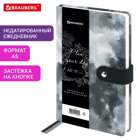 Ежедневник недатированный А5 138х213 мм BRAUBERG "Nebula", под кожу, застежка, 160 л., черный, 116235 116235 - фото 287482