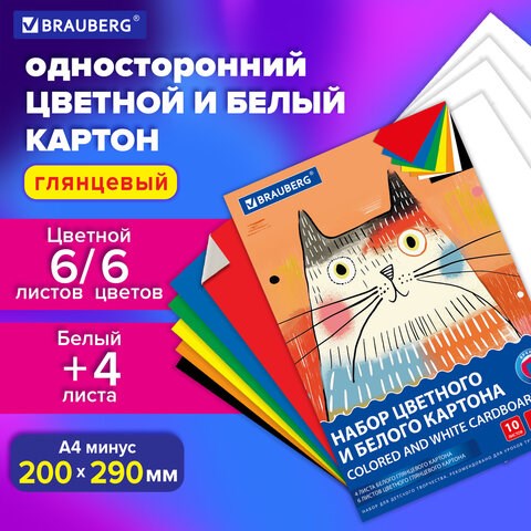 Набор картона БЕЛЫЙ + ЦВЕТНОЙ А4 мелованный, 10 листов (белый 4 листа + цветной 6 листов), в папке, BRAUBERG, 116630 116630 - фото 287544