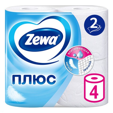 Бумага туалетная 2-х слойная, 4 рулона (4х23 м), белая, ZEWA Plus, 144051 122814 - фото 287681