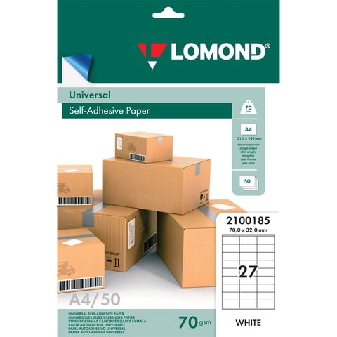 Этикетка самоклеящаяся 70х32 мм, 27 этикеток, белая, 70 г/м2, 50 листов, LOMOND, 2100185 123710 - фото 287749